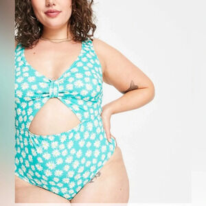 Peek & Beau Curve Tie Front Cut Out Swimsuit Green Sunflower Plus Size 20 NWT